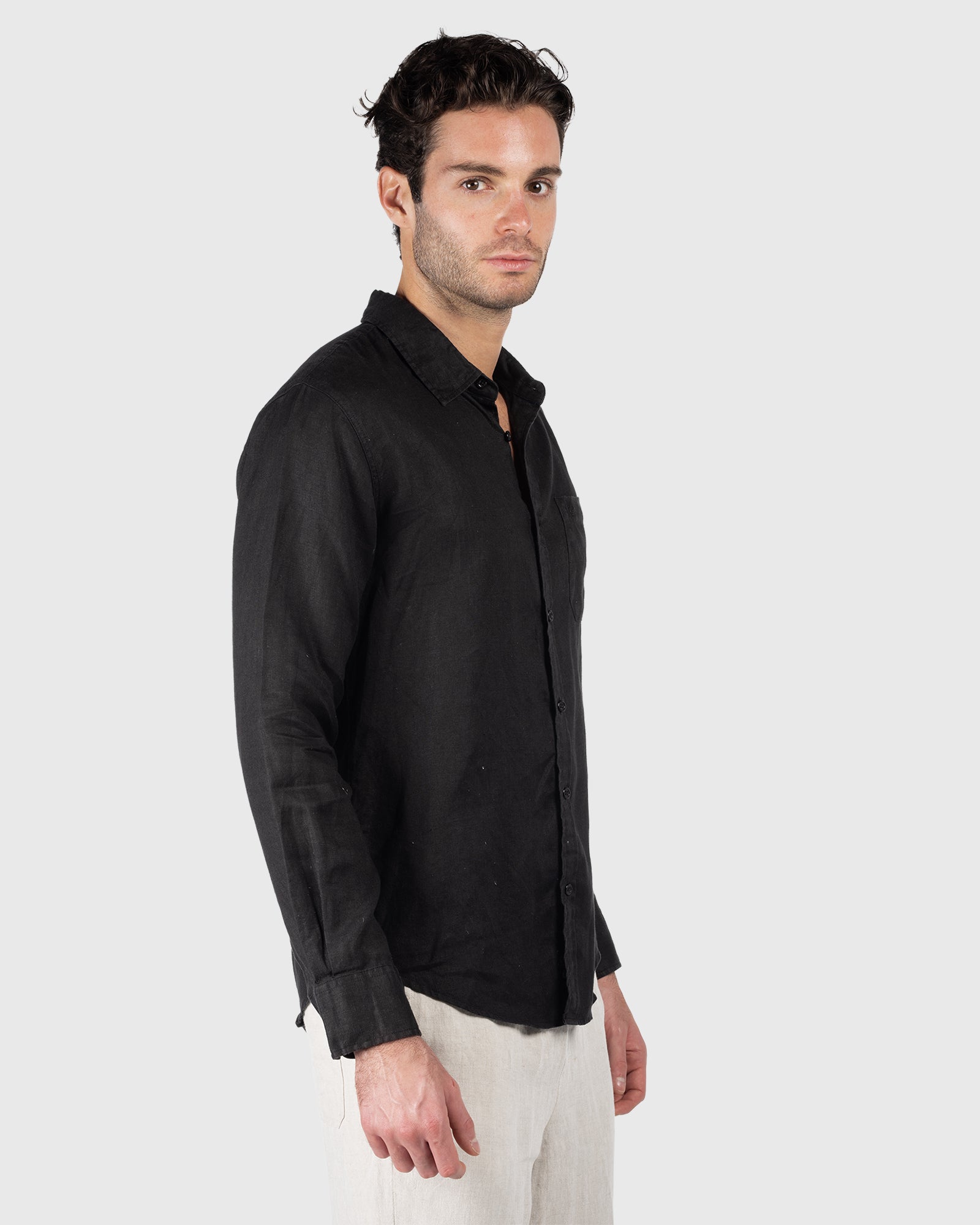 Black linen chinese collar Shirt with chest pocket