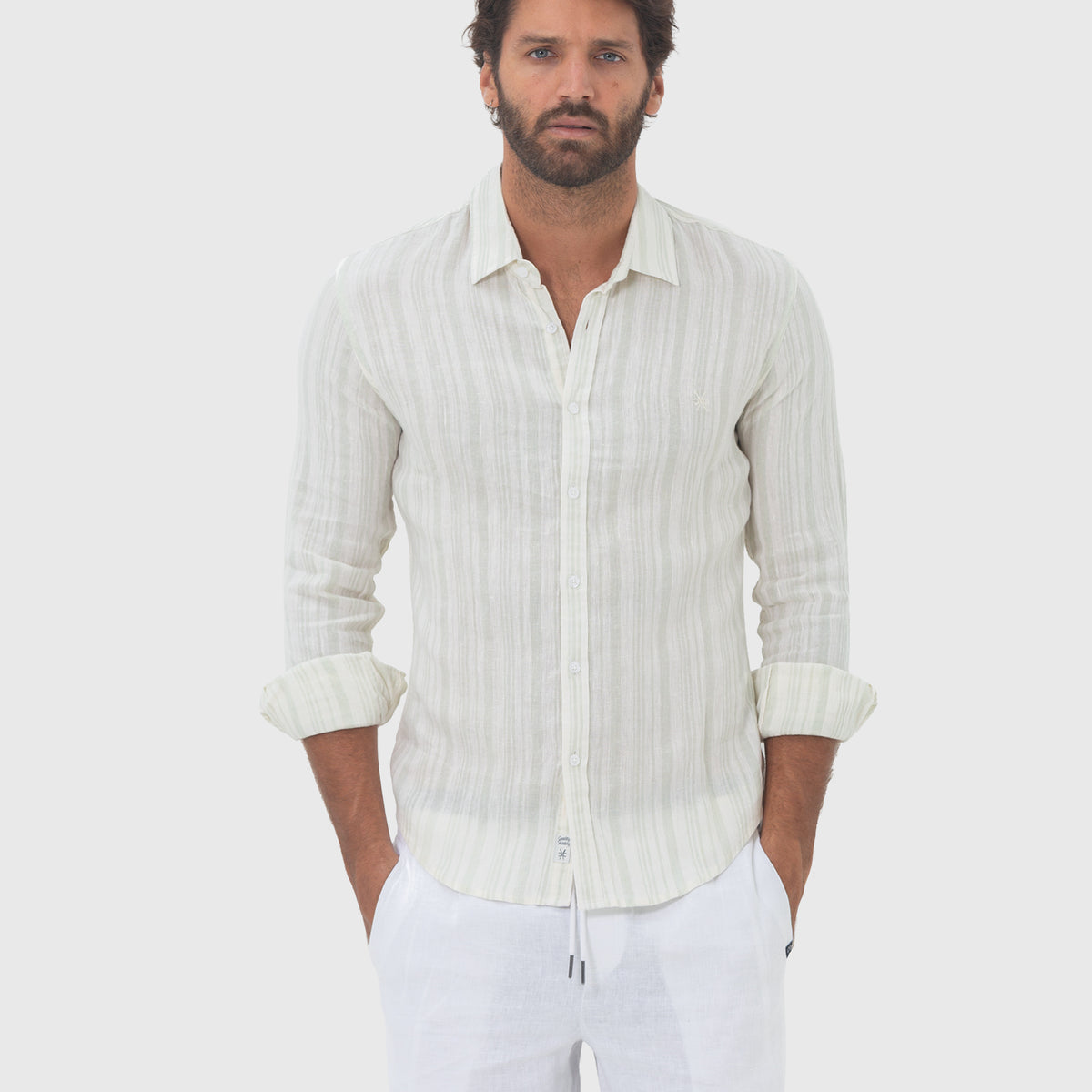 Miami Long‑Sleeve Linen Shirt – Aqua Stripe | Coast Clothing Co.